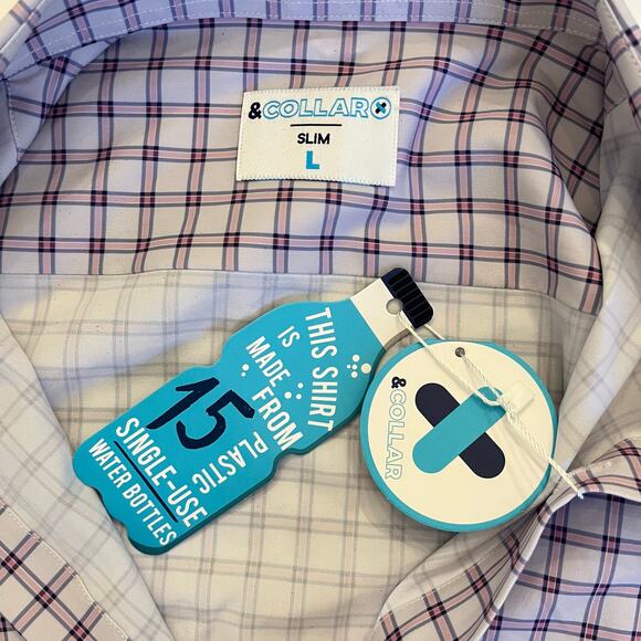 &Collar Button Up Mens Large Range Shirt Slim Plaid Purple White Long Sleeve NEW - Picture 6 of 12